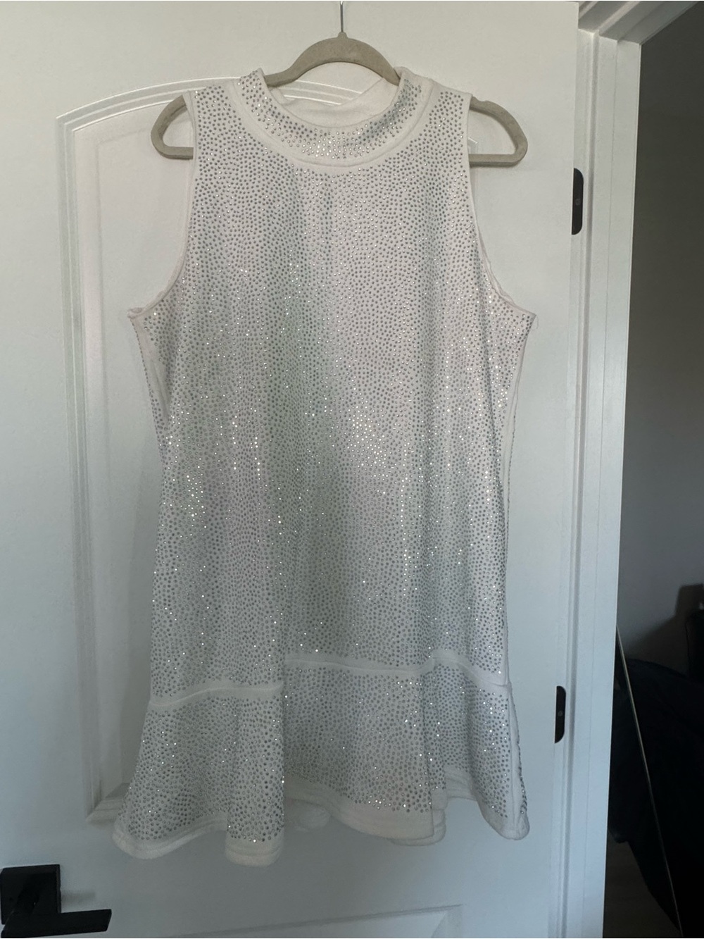 QUEEN OF SPARKLES White Sleeveless Sequin Shift Mini Dress